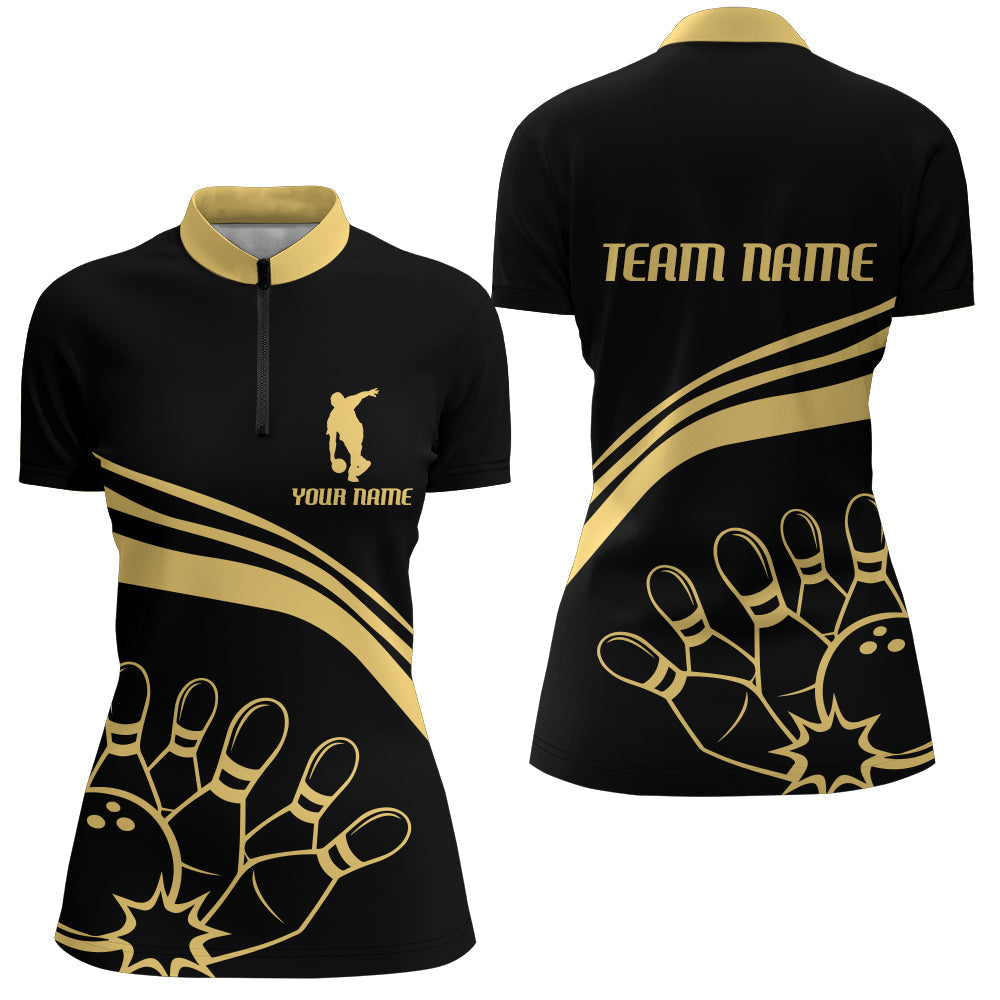 Black&Gold Bowling Quarter-Zip Shirt Women Custom Bowling Jersey Vintage Bowling Team League Shir