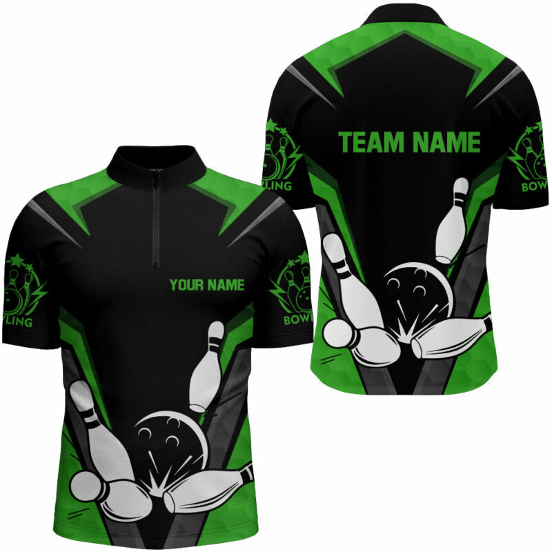 Black&Green Bowling Quarter Zip Shirt Men Custom Bowling Jersey Vintage Bowling Team League Shirt