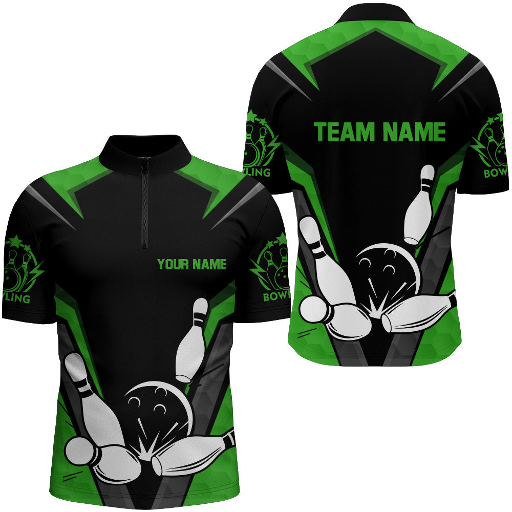 Black&Green Bowling Quarter Zip Shirt Men Custom Bowling Jersey Vintage Bowling Team League Shirt