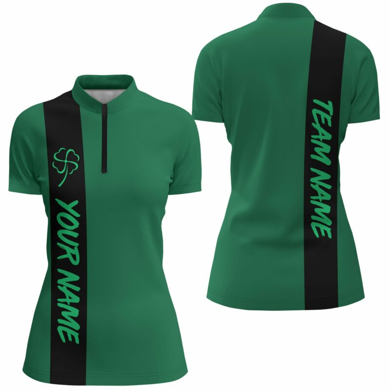 Black Green Retro Lucky Women Bowling Quarter Zip Shirt Custom St Patrick Day Team Bowling Jersey