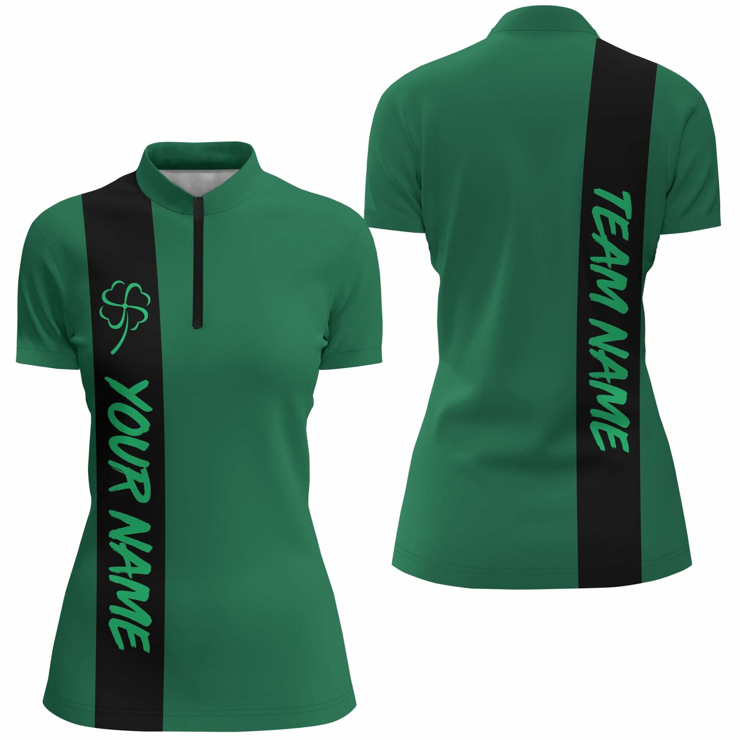 Black Green Retro Lucky Women Bowling Quarter Zip Shirt Custom St Patrick Day Team Bowling Jersey