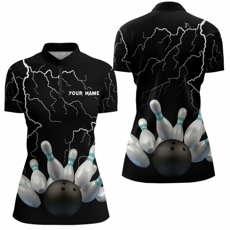 Black Lightning Thunder Custom Women Bowling Quarter Zip Shirt Bowling Ball Pins Team Jerseys