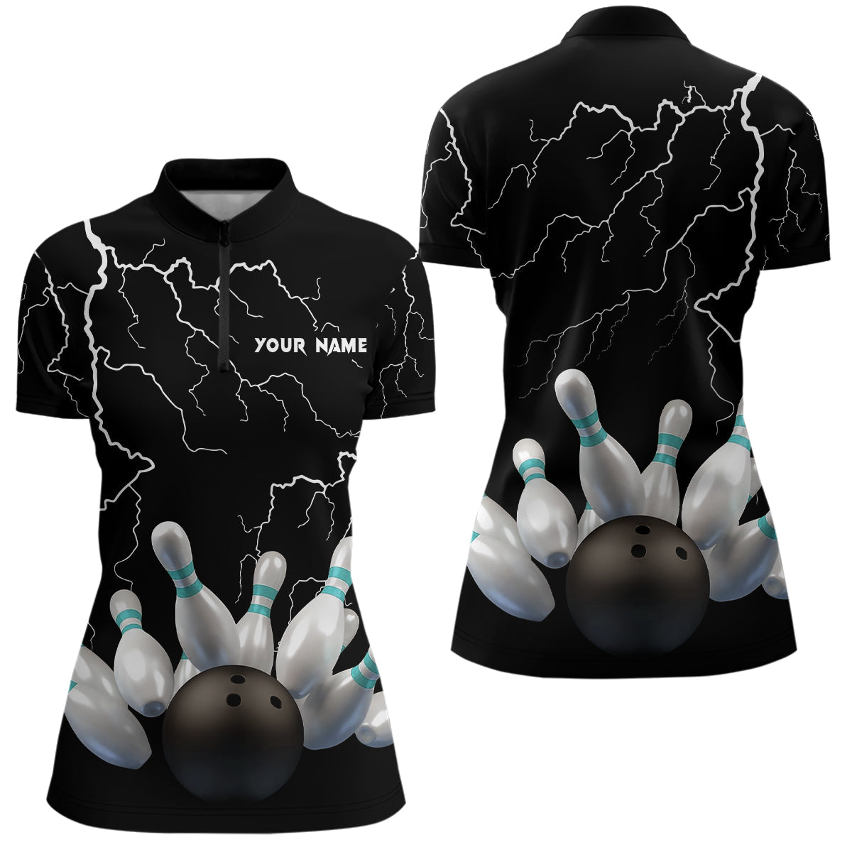 Black Lightning Thunder Custom Women Bowling Quarter Zip Shirt Bowling Ball Pins Team Jerseys