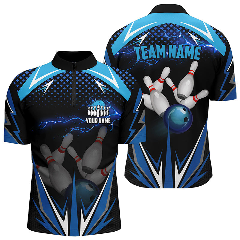 Black Men Bowling Quarter Zip Shirt Custom Blue Lightning Team Mens Bowlers Jerseys Bowling Outfits