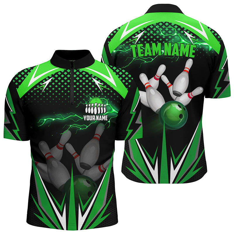 Black Men Bowling Quarter Zip Shirt Custom Green Lightning Team Mens Bowlers Jerseys Bowling Outfits