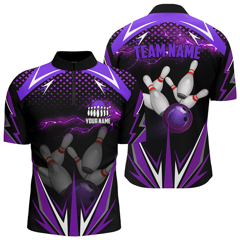 Black Men Bowling Quarter Zip Shirt Custom Purple Lightning Team Mens Bowlers Jerseys Bowling Outfits