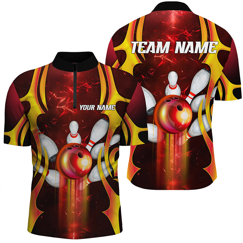 Black Men Bowling Quarter Zip Shirt Custom Red Lightning Team Mens Bowlers Jerseys Bowling Outfit