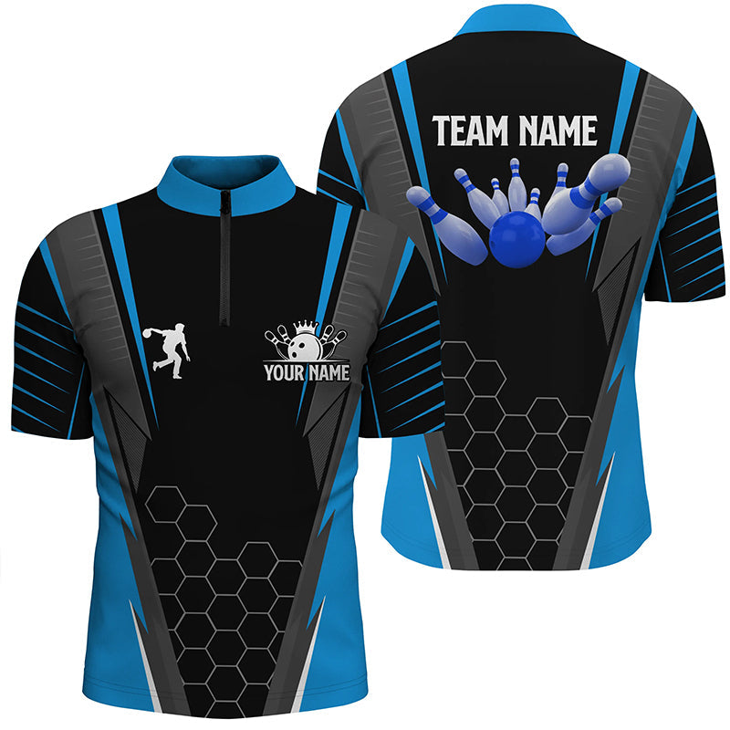 Black Men'S Bowling Shirt Quarter Zip Custom Name Mens Bowlers Jersey