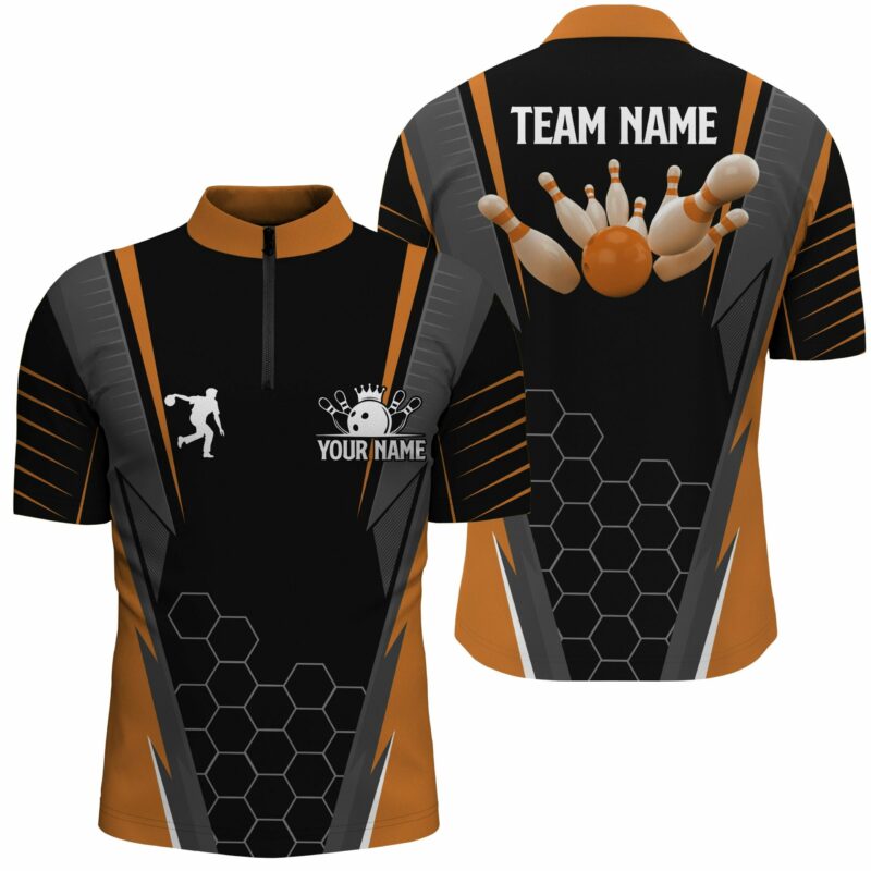 Black Men'S Bowling Shirt Quarter Zip Custom Name Mens Bowlers Jersey