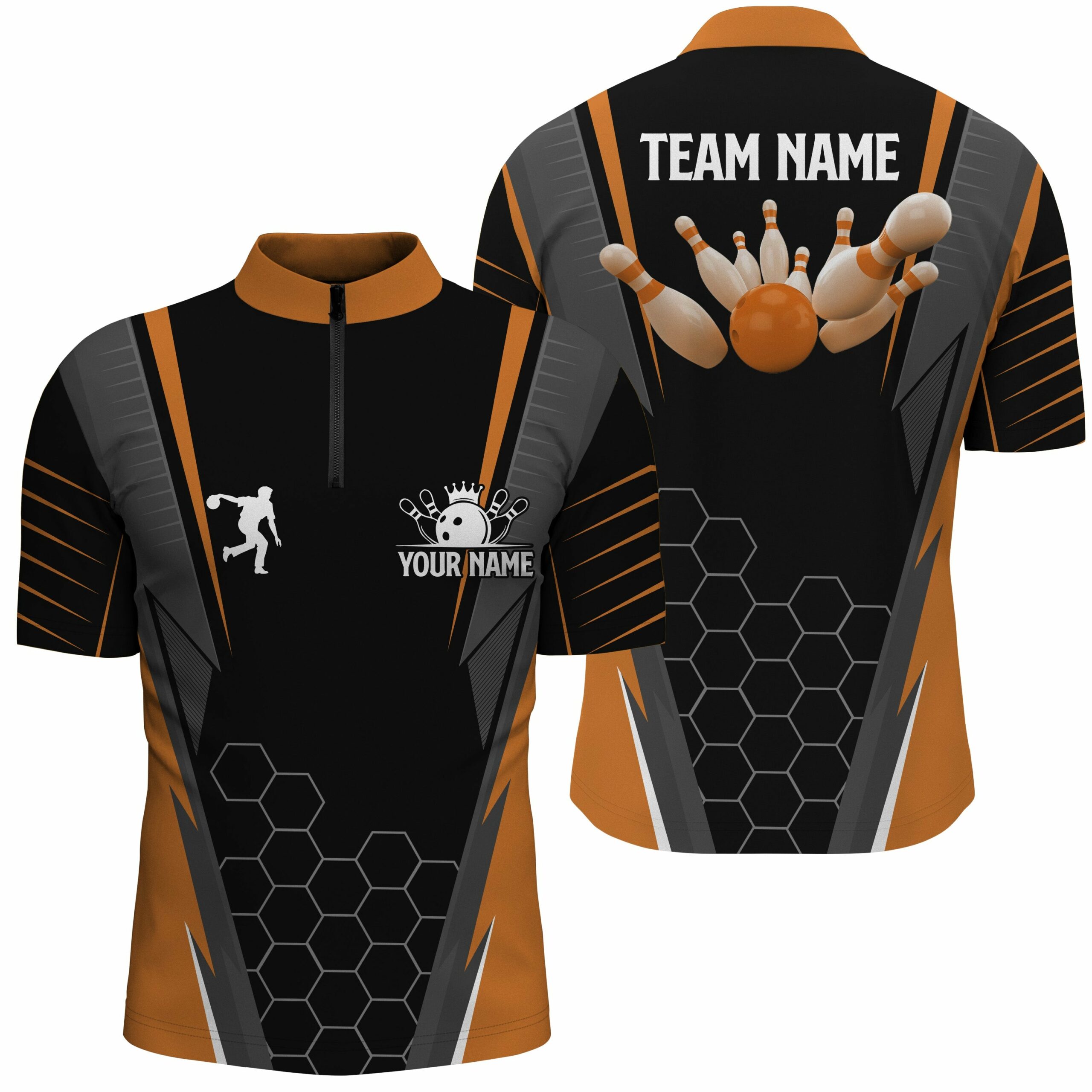 Black Men'S Bowling Shirt Quarter Zip Custom Name Mens Bowlers Jersey