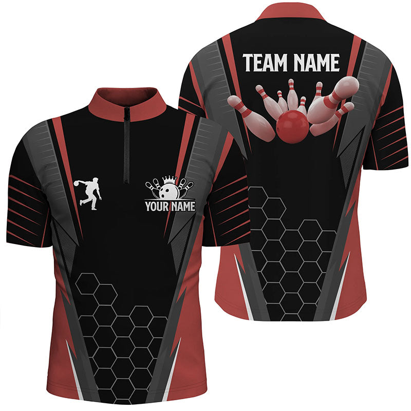 Black Men'S Bowling Shirt Quarter Zip Custom Name Mens Bowlers Jersey