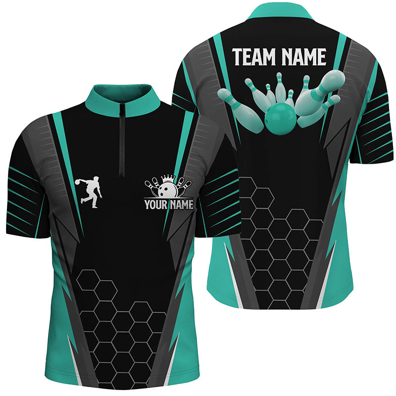 Black Men'S Bowling Shirt Quarter Zip Custom Name Mens Bowlers Jersey