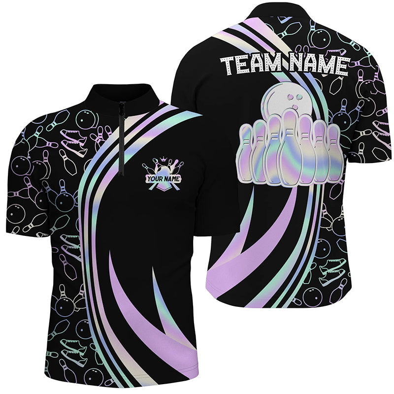 Black Men bowling Quarter Zip shirt Custom neon camo team league bowling jerseys