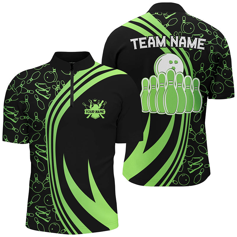 Black Mens Bowling Quarter Zip Shirt Custom Green Neon Team League Bowling Jerseys