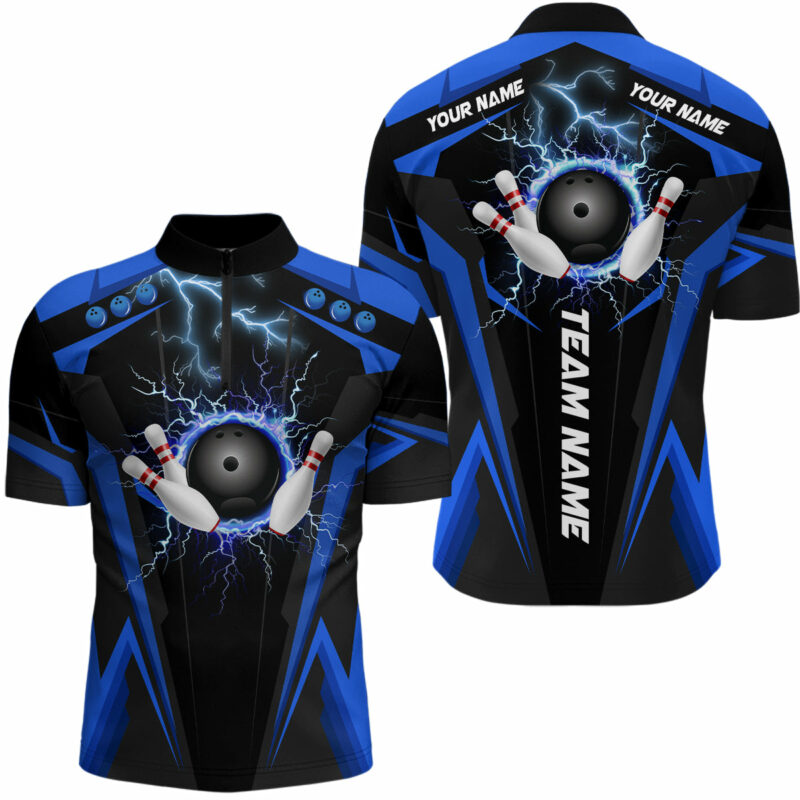 Black Mens Bowling Quarter Zip Shirt Custom Lightning Thunder Team League Bowling Jerseys Blue