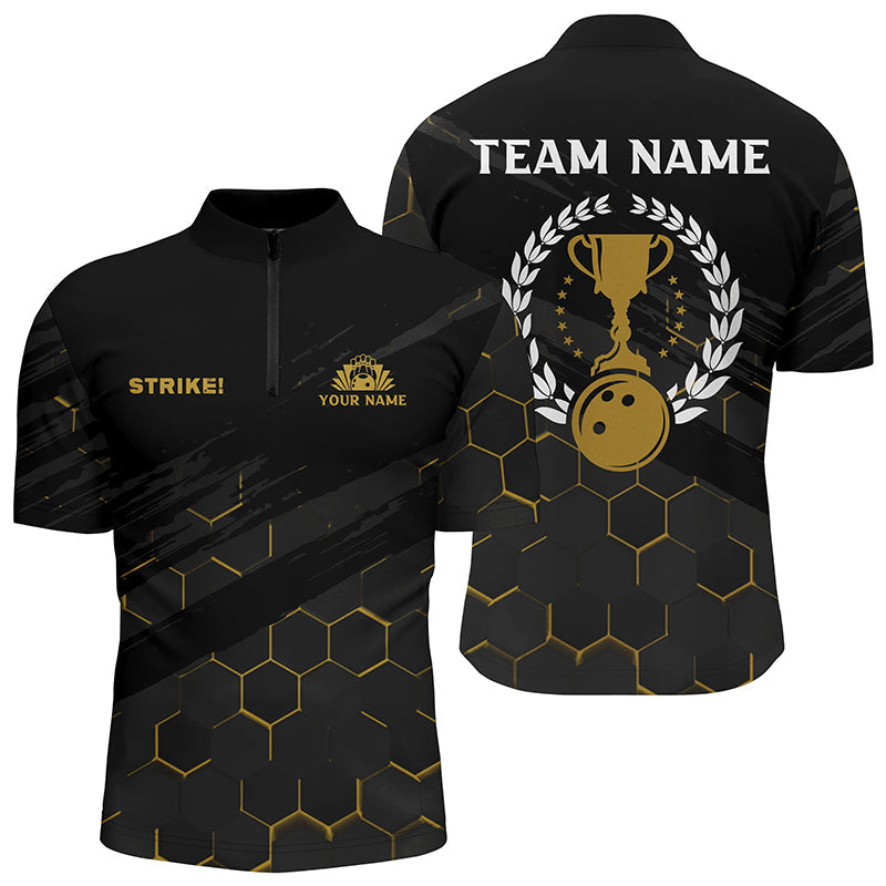 Black Mens Bowling Quarter Zip Shirts Custom Bowling Strike Bee Pattern Team Mens League Jerseys