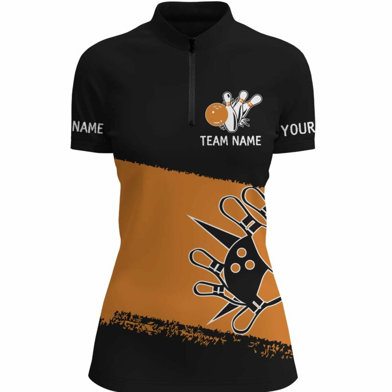 Black Orange Bowling Balls And Pins Custom Bowling Quarter Zip Shirt For Women