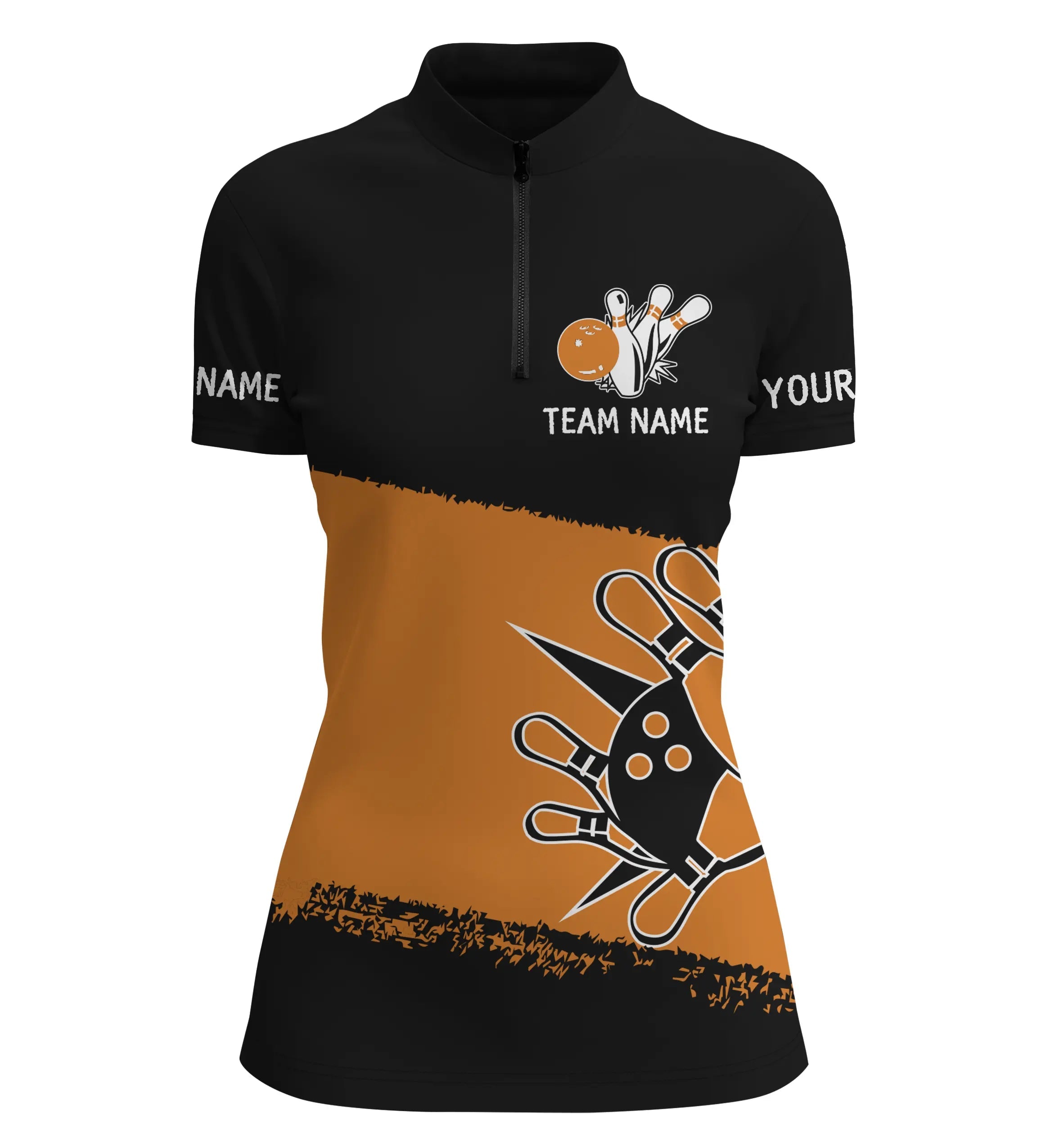 Black Orange Bowling Balls And Pins Custom Bowling Quarter Zip Shirt For Women