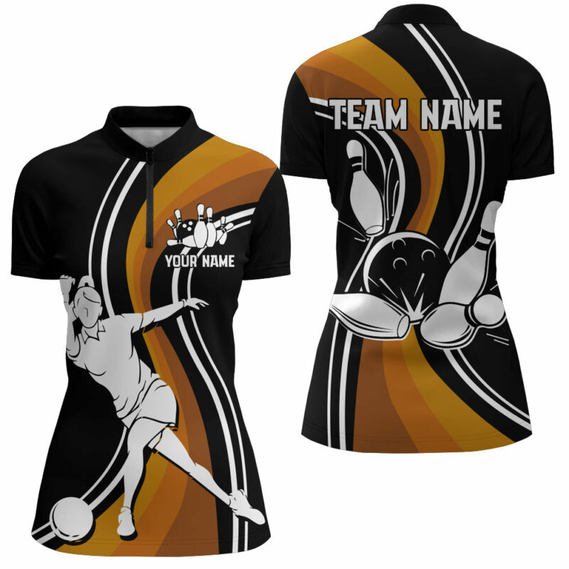 Black&Orange Bowling Jersey Women Personalized Bowling Quarter-Zip Shirt Bowling Team League Shir
