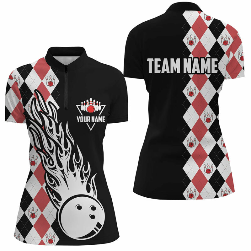 Black & Red Argyle Pattern Bowling Fire Quarter Zip Shirt For Women Custom Bowling Team League Jerseys