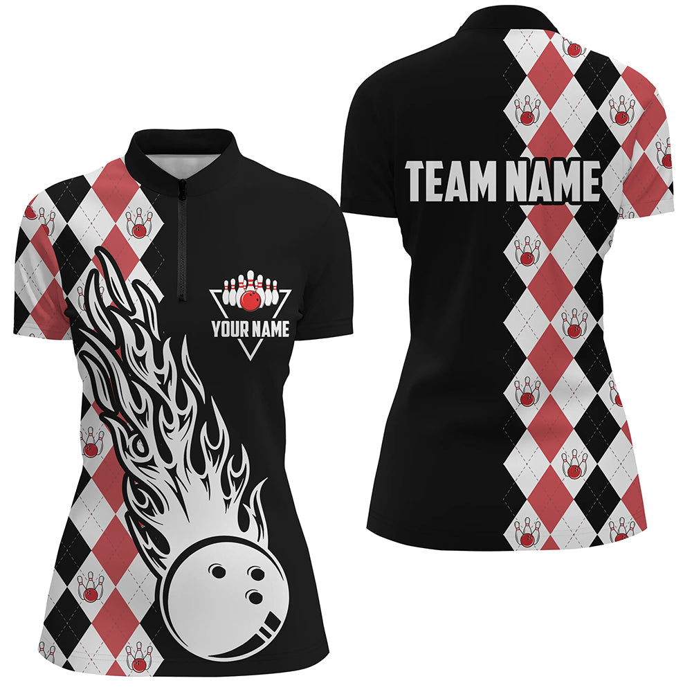 Black & Red Argyle Pattern Bowling Fire Quarter Zip Shirt For Women Custom Bowling Team League Jerseys, Custom Bowling Shirts 1 Black & Red Argyle Pattern Bowling Fire Quarter Zip Shirt For Women Custom Bowling Team League Jerseys