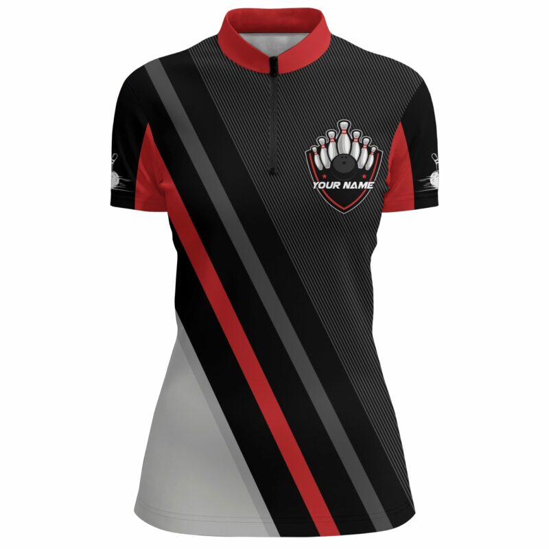 Black&Red Bowling Quarter-Zip Shirt For Women Vintage Bowling Team Jersey Custom Bowling Shir