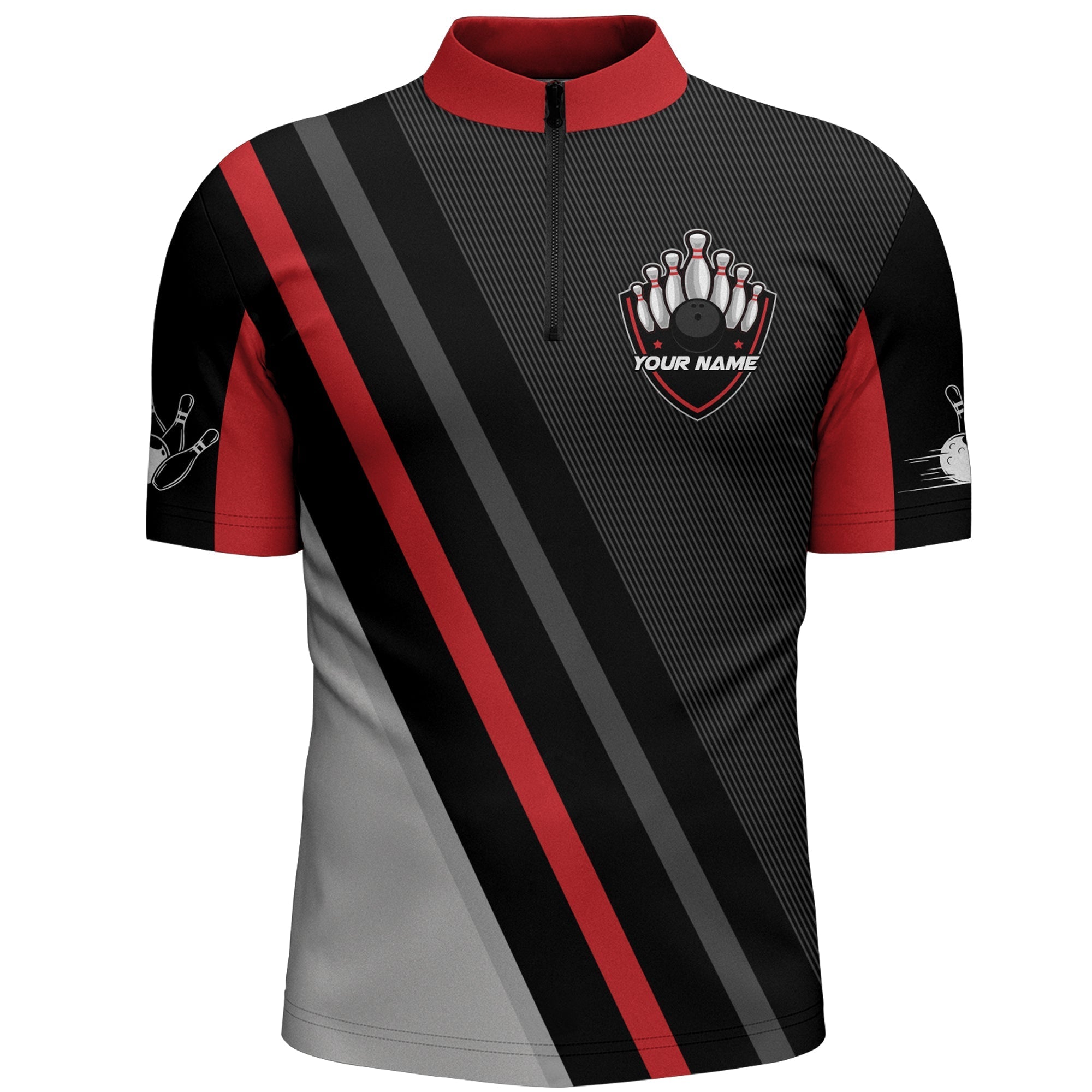 Black&Red Bowling Quarter Zip Shirt For Men Vintage Bowling Team Jersey Custom Bowling Shirt, Custom Team Bowling Jerseys, Bowling Shirts 1 Black&Red Bowling Quarter Zip Shirt For Men Vintage Bowling Team Jersey Custom Bowling Shirt