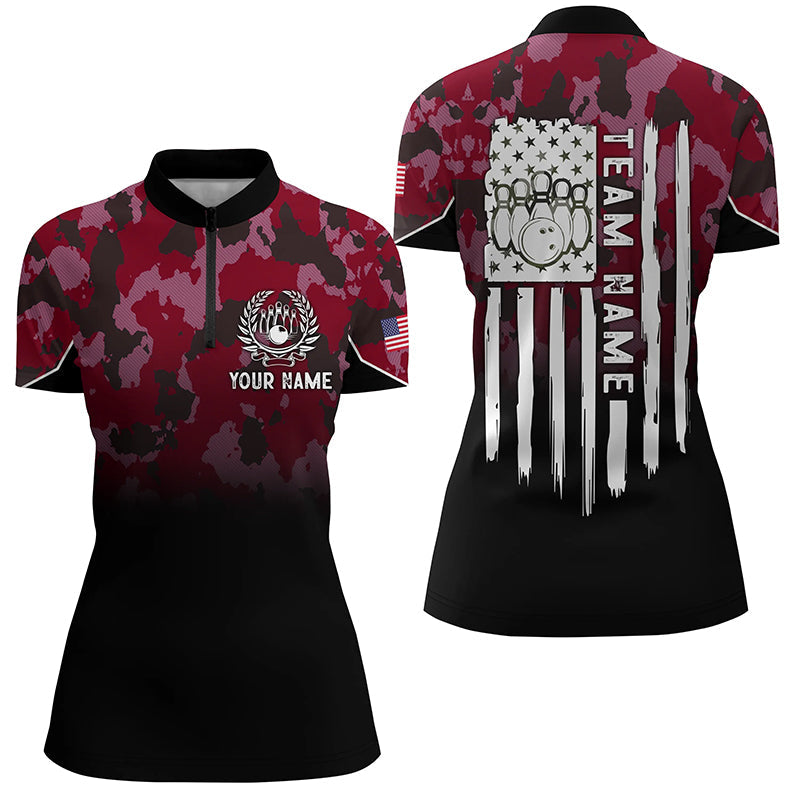 Black Red Camo Womens Bowling Quarter Zip Shirt Custom American Flag Patriotic Bowling Team Jerseys