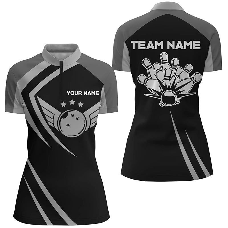 Black Retro Vintage Bowling Quarter Zip Shirts For Women Custom Bowling Team League Jerseys