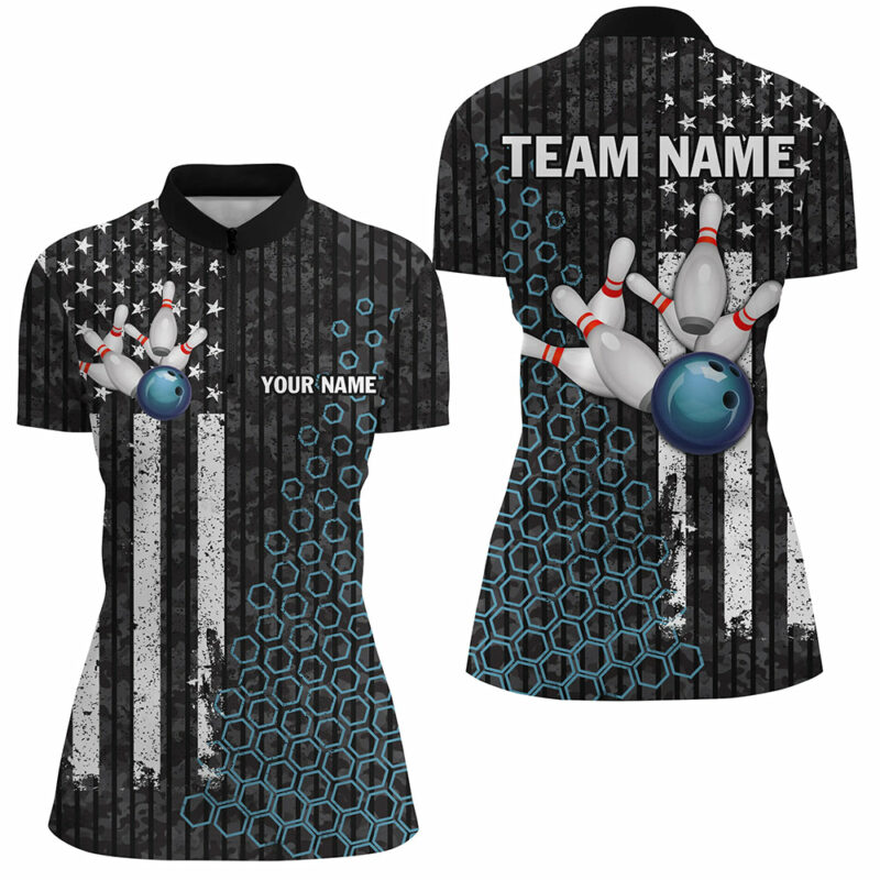 Black White American Flag Women Bowling Quarter Zip Shirt Custom Camo Bowling Team Jersey  Blue