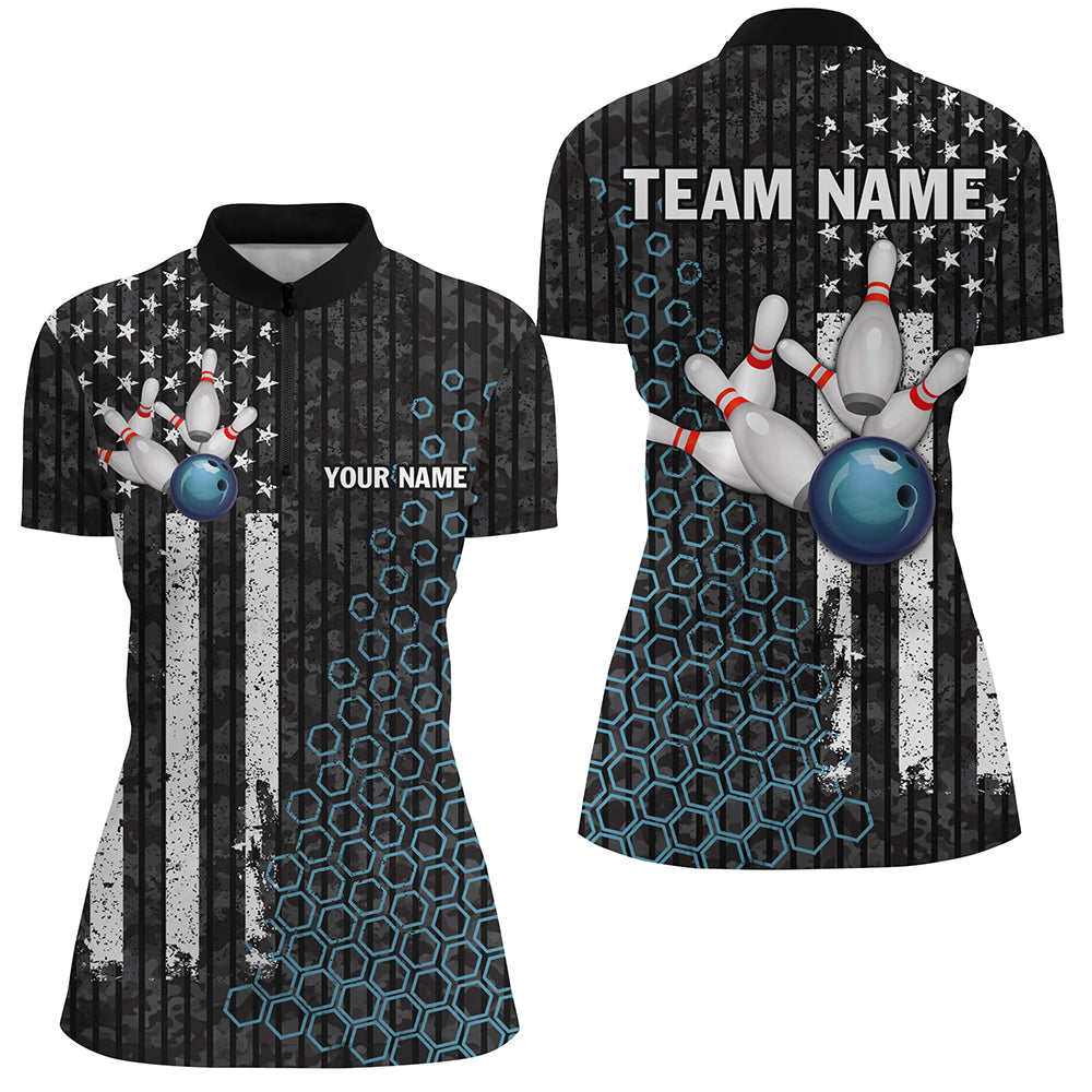 Black White American Flag Women Bowling Quarter Zip Shirt Custom Camo Bowling Team Jersey  Blue