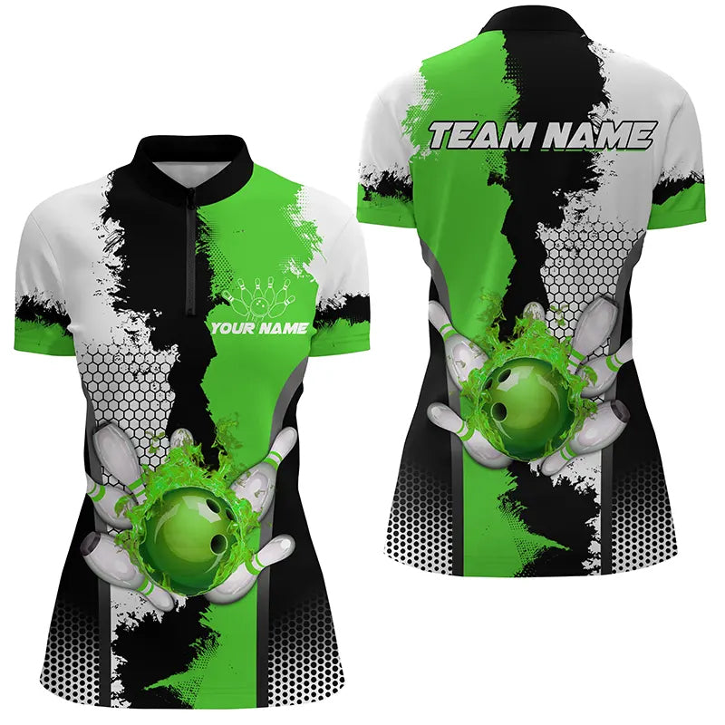 Black White Bowling Fire League Jerseys Custom Bowling Quarter Zip Shirts For Women  Green