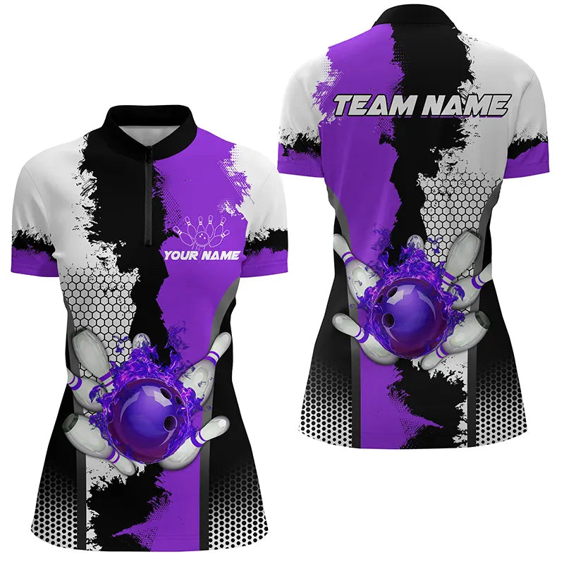 Black White Bowling Fire League Jerseys Custom Bowling Quarter Zip Shirts For Women  Purple