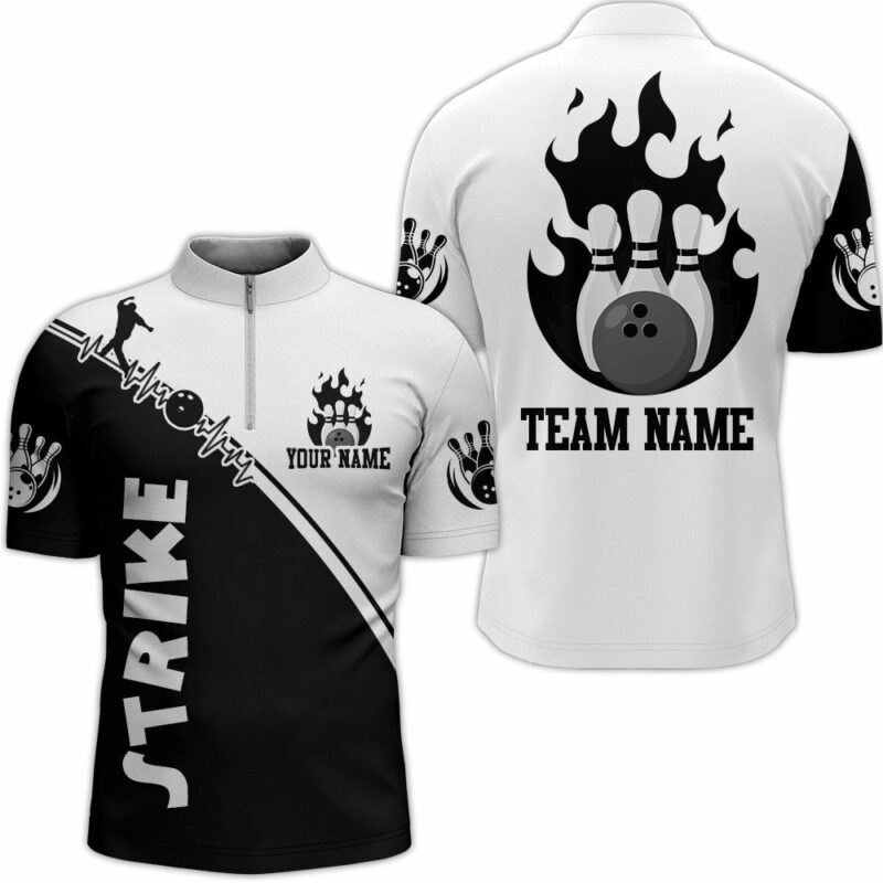 Black & White Bowling Shirt For Men Custom Bowling Team Jersey Bowling Quarter Zip Shirt