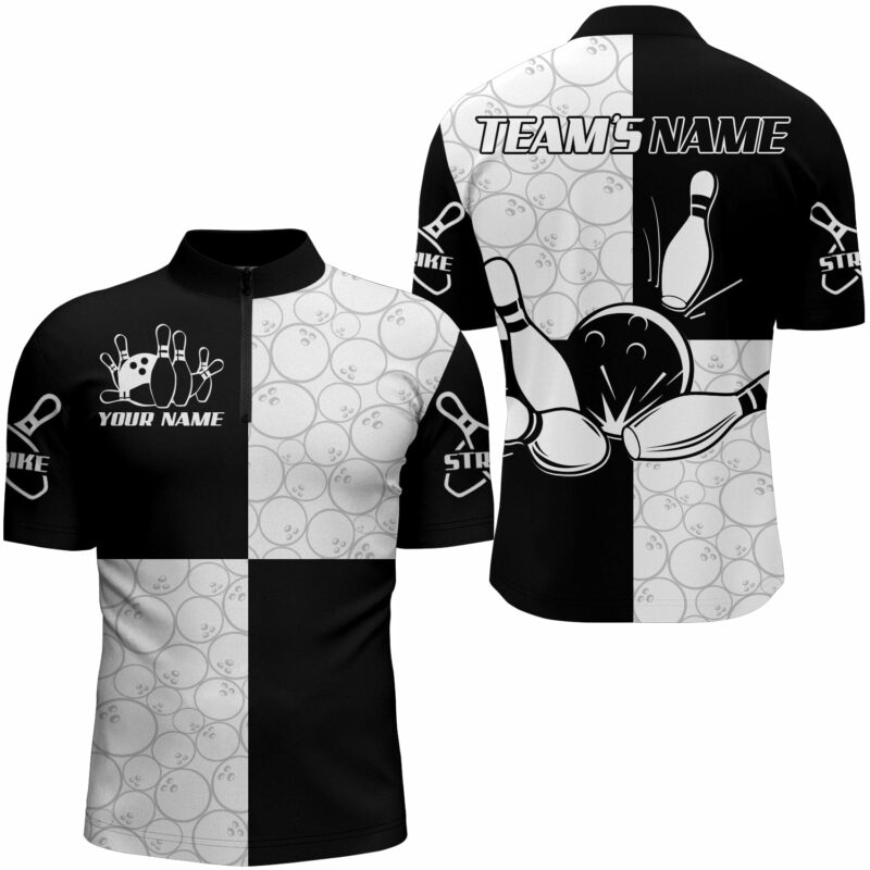 Black&White Bowling Shirt For Men Custom Bowling Team Jersey League Quarter Zip Shirt