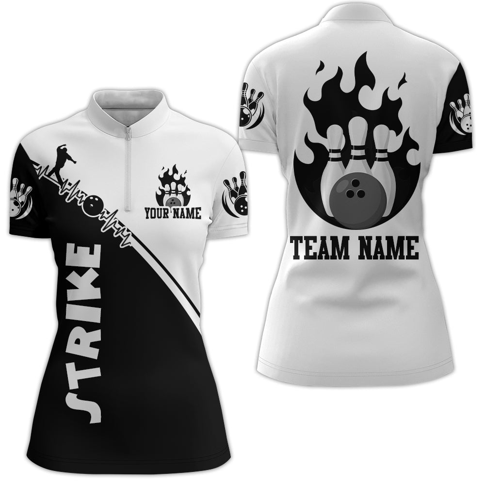 Black & White Bowling Shirt For Women Custom Bowling Team Jersey Bowling Quarter-Zip Shirt