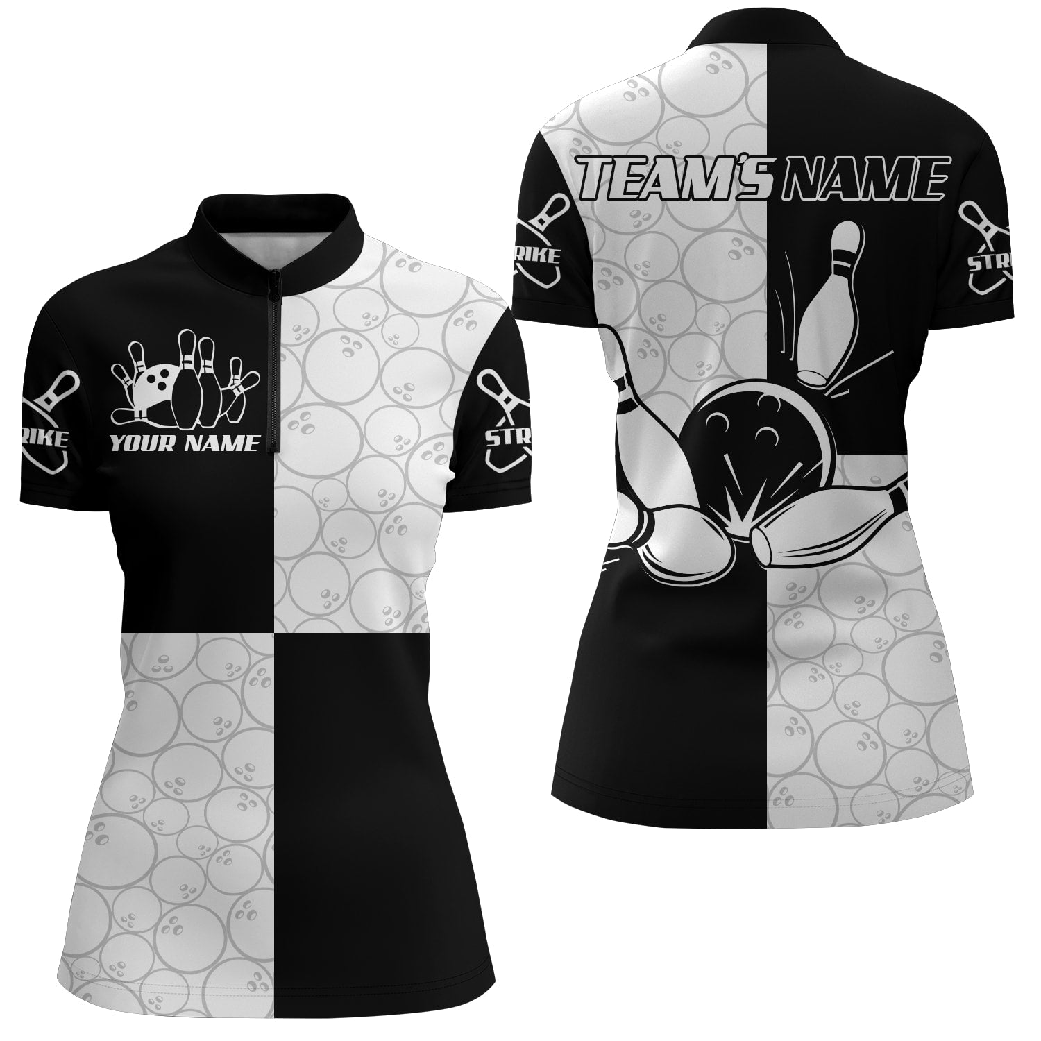 Black & White Bowling Shirt For Women Custom Bowling Team Jersey League Quarter-Zip Shirt