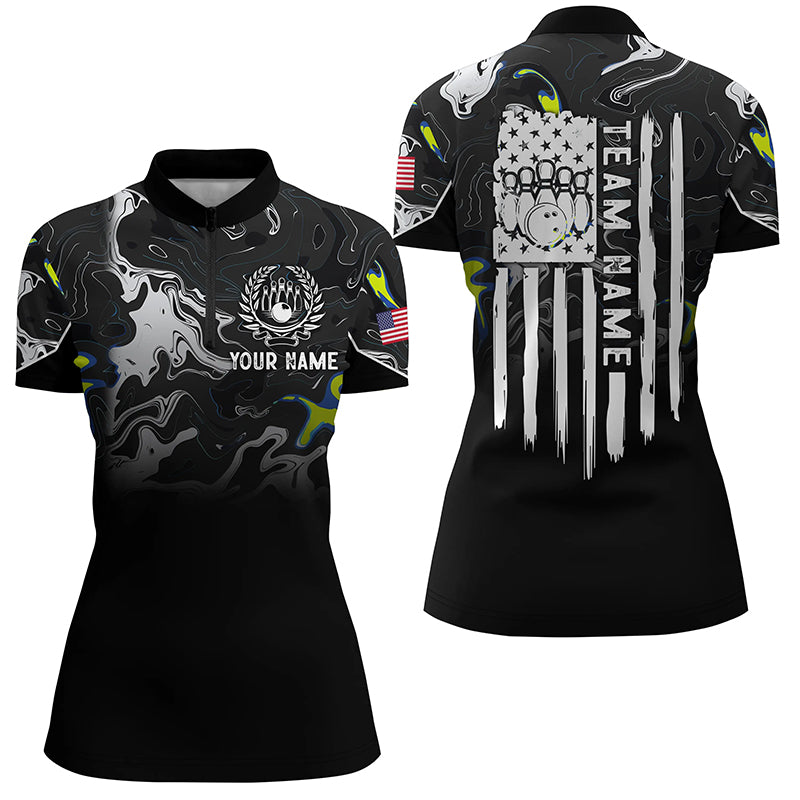 Black White Camo Women Bowling Quarter Zip Shirt Custom American Flag Patriotic Bowling Team Jerseys