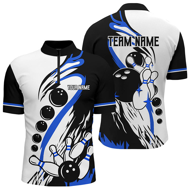 Black White Retro Bowling League Jersey Custom Men Bowling Quarter Zip Shirt