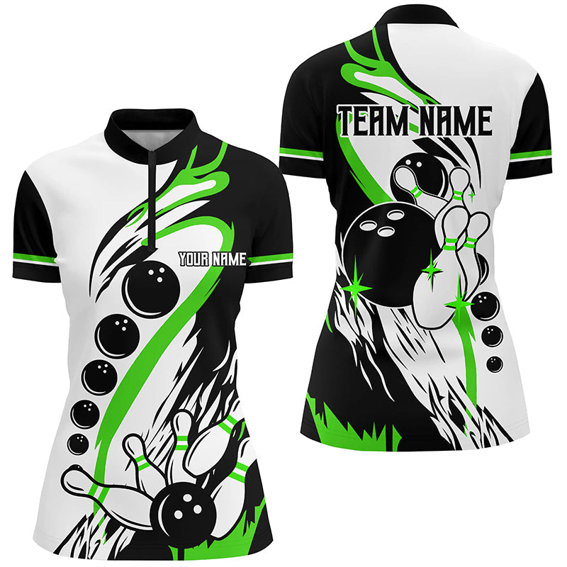 Black White Retro Bowling League Jersey Custom Women Bowling Quarter Zip Shirt