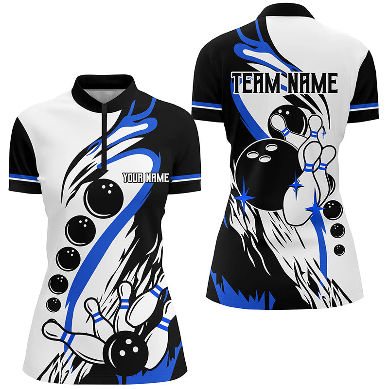 Black White Retro Bowling League Jerseys Custom Women Bowling Quarter Zip Shirt