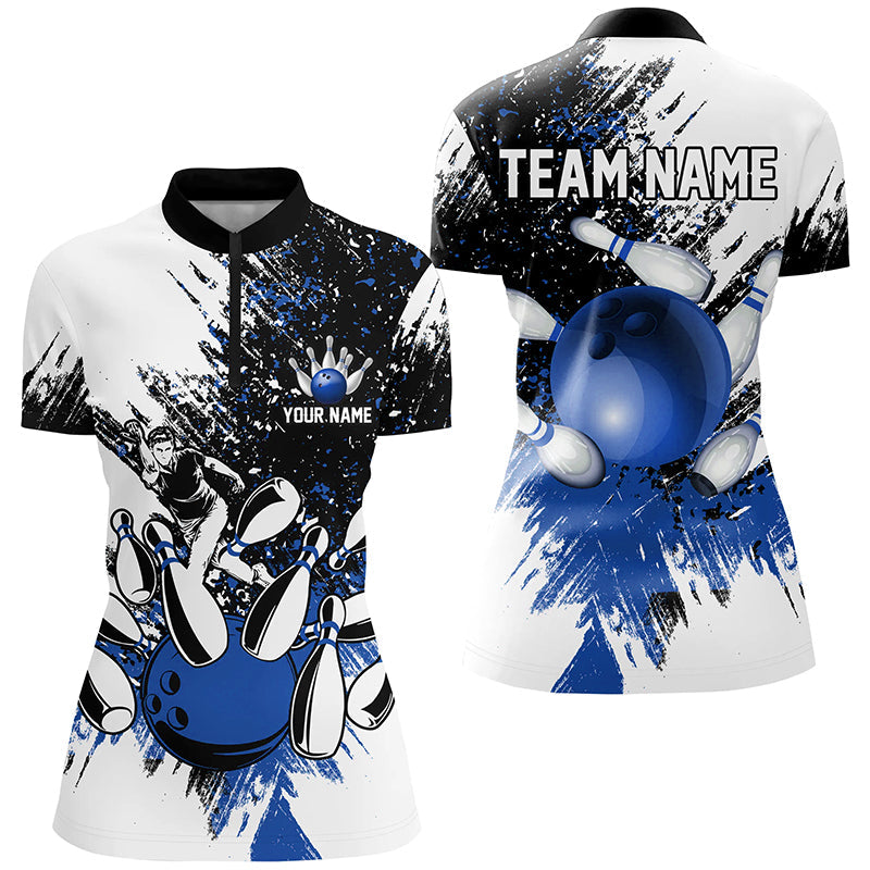 Black White Women Bowling Quarter Zip Shirts Custom Bowling Jersey