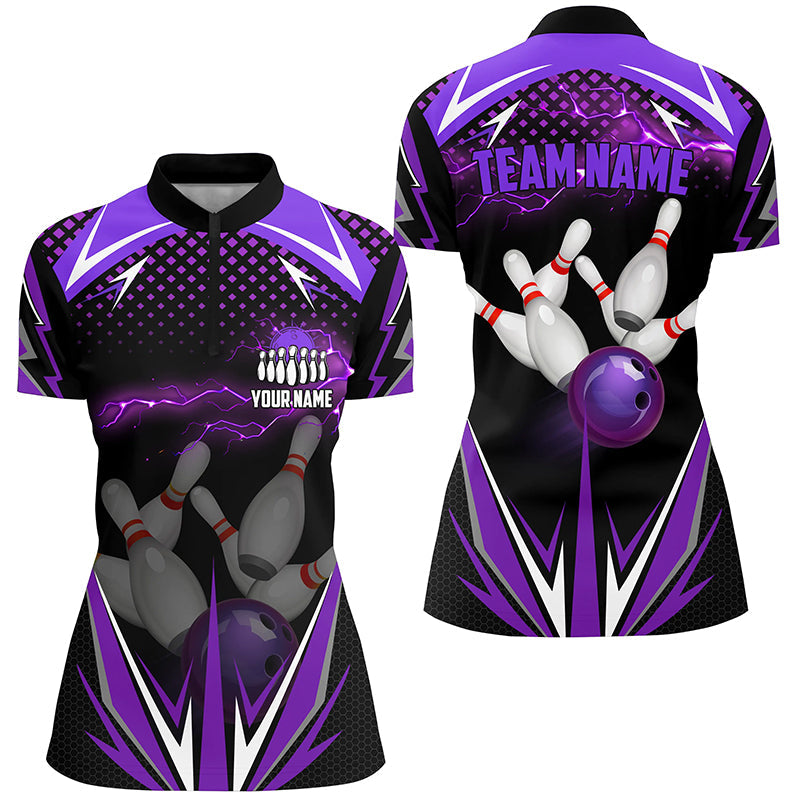 Black Women Bowling Quarter-Zip Shirt Custom Purple Lightning Team Ladies Bowler Jersey Bowling Outfit