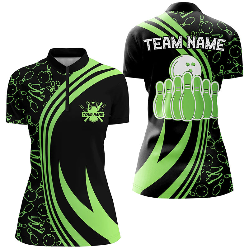 Black Women Bowling Quarter Zip Shirt Custom Green Neon Team League Bowling Jerseys