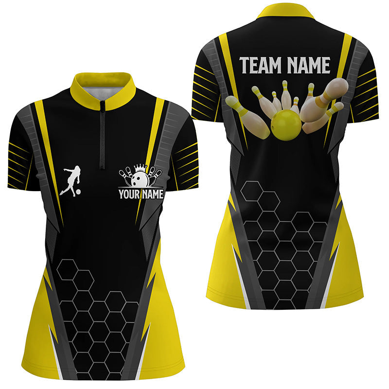Black Women'S Bowling Shirt Quarter-Zip Custom Ladies Bowlers Jersey