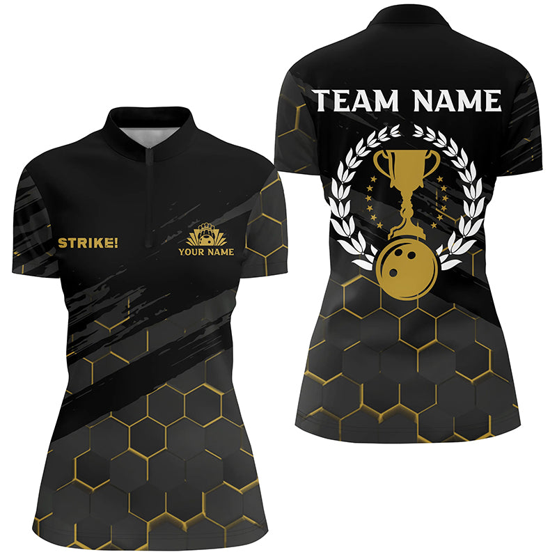 Black Womens Bowling Quarter-Zip Shirts Custom Bowling Strike Bee Pattern Team Ladies Jerseys