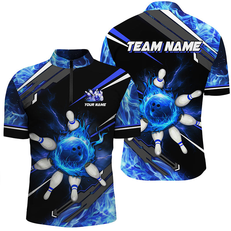 Black and Blue Flame Bowling ball pins Mens polo