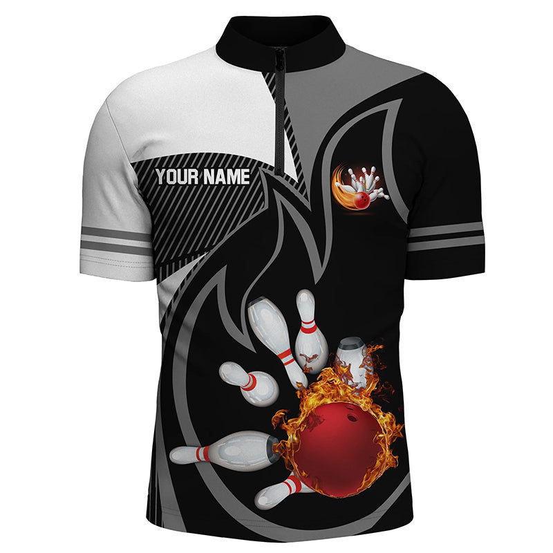 Black and White Bowling Quarter Zip Shirt for men Custom red flame team bowling ball and pins Jerseys