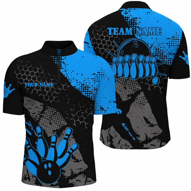 Black and blue Men's bowling Quarter Zip shirts Custom retro bowling ball pins bowling team jerseys