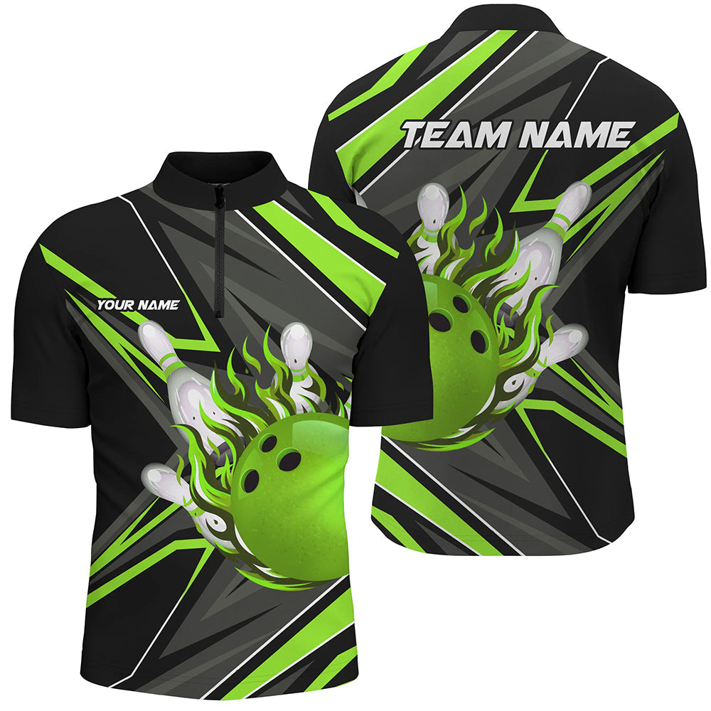 Black and green Men Quarter Zip Bowling Shirt custom Bowling Ball Pins flame bowling jersey for Bowler